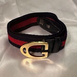 Vintage Gucci Navy and Red Stripe Belt with Gold Buckle